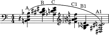 \relative c {
\clef bass
\numericTimeSignature
\override TextScript.self-alignment-X = #CENTER
r4 <b! c f bes>^"A"( <a' cis dis fis>^"B" <aes d e g>^"C" \clef treble |
<fis' a! b! f'!>^"C1" <g, bes c! e>^"B1" <dis gis cis d!>2^"A1") |
}