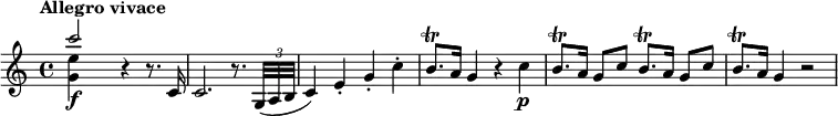 \layout { \set Score.tempoHideNote = ##t }
\relative c''' { \set midiInstrument = "string ensemble 1"
  \tempo "Allegro vivace" \tempo 4 = 160
  <<
    { c2\f } \\
    { <e, g,>4 s }
  >>
  r4 r8. c,16 |
  c2. r8. \times 2/3 { g32( a b } |
  c4) e-. g-. c-. |
  b8.\trill a16 g4 r c\p |
  \repeat unfold 2 { b8.\trill a16 g8 c } |
  b8.\trill a16 g4 r2 |
}