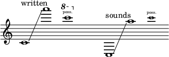 {
      \new Staff \with { \remove "Time_signature_engraver" }
      \clef treble \key c \major \cadenzaOn
      c'1 ^ \markup "written" \glissando a'''1
      \tweak font-size #-2 \ottava #+1 c''''1 \finger \markup \text "poss."
      \ottava #0 \hide r1
      c1 ^ \markup "sounds" \glissando a''1
      \tweak font-size #-2 c'''1 \finger \markup \text "poss."
    }