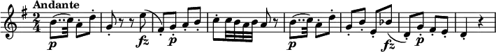 \relative a' { 
\key g \major
\time 2/4 
\tempo "Andante"
\tempo 4 = 55
b8..\p (c32) a8\staccato d\staccato
g,\staccato r8 r e'8\fz
(fis,)\staccato g\p\staccato a\staccato b\staccato
c\staccato c32 b a b a8 r8
b8..\p (c32) a8\staccato d\staccato
g,\staccato b8\staccato e,\staccato bes'8\fz
(d,)\staccato g\p\staccato fis\staccato e\staccato
d4\staccato r4
}