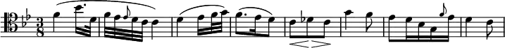 {
\relative c' { \clef tenor \key bes \major \time 3/8
  f( bes16. d,32 | f ees \grace ees8 d32 c c4) | d( ees16 f32 g) | f8.( ees16 d8) | c\< des\!\> c\! | g'4 f8 | ees d16 bes g \grace f'8 ees16 | d4 c8
} }
\layout { \context {\Score \omit BarNumber} line-width = #180 }