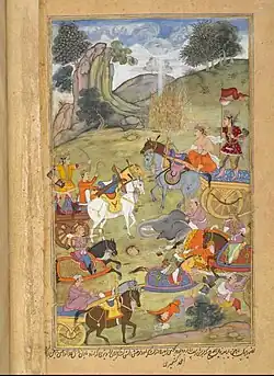 Arjuna attempts to quench the fire that Agni created to help his father-in-law, Niladhvaja, in his battle against Arjuna. Artist Ahmad kashmiri