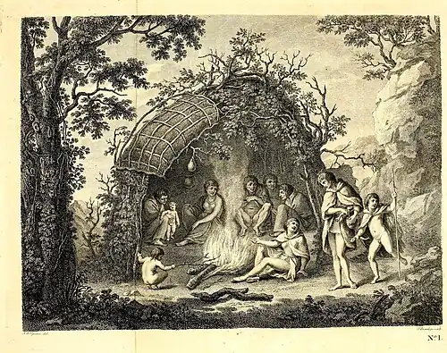 A View of the Indians of Tierra del Fuego in their hut, engraving by Francesco Bartolozzi after a drawing by Giovanni Battista Cipriani
