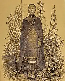 A sketch of a royal princess (daughter of U Hajan Manik, Syiem Sohra) from 1887 adorned in traditional Eri Garments. This portrait appeared in a French magazine that same year.