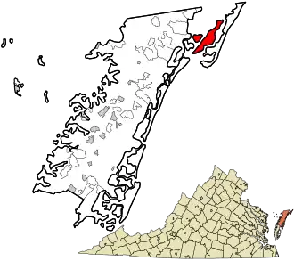 Location of Chincoteauge in Accomack County, Virginia and of Accomack County in Virginia