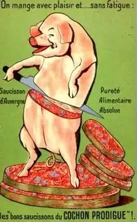 An advertisement of a pig butchering her body into slices of sausage with a smile.