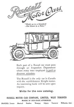 1910 Russell advertisement for Knight engine