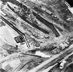 Black and white aerial photograph of a ship
