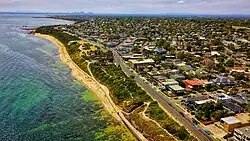 Aerial view of Black Rock relative to Port Philip Bay and Melbourne CBD.