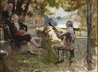 19th century oil painting of 18th century figures in a leafy setting