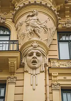 A close-up of decorative elements on the facade of Alberta iela 13, Riga, Latvia