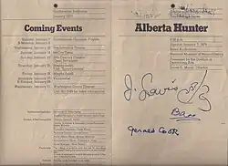 Program guide for Alberta Hunter's January 7, 1979 performance at the Baird Auditorium.