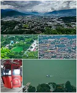 Clockwise from top: View of Amatitlán, another panoramic view, Lake Amatitlán, the main cable car of the city, Amatitlán's main sports court.
