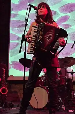 Amy Kohn on accordion during a performance of the Amy Kohn Band at Galapagos Art Space in New York City (January 2009).