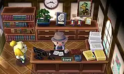 A player is seen in town hall, with Isabelle next to them.