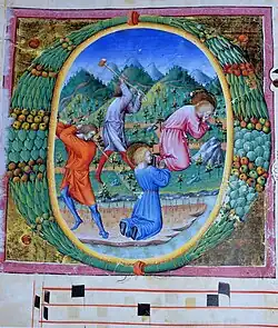 Antiphonary II: Two kneeling saints beaten to death in a landscape (ca. 1442) Tempera, gold, and ink on vellum (20.5 x 10 cm.) Biblioteca Comunale degli Intronati, Siena
