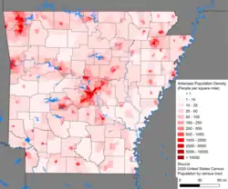 Map of Arkansas, showing density of population by census tract.