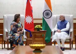 Minister of Foreign Affairs (Nepal) Arzu Rana Deuba sitting with Prime Minister of India Narendra Modi on 19th August 2024