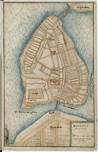 Hand-drawn plan with an island in the centre connected to two other areas of land, also actually islands, in the centre of the plan. On the island is a proposed street-grid.