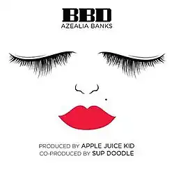 A drawing of a woman with her eyes closed, the word "BBD" is printed in bold text on her forehead.