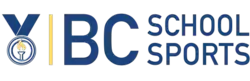 BC School Sports Logo (Description: The horizontal text "BC School Sports" beside a dark blue medal with a yellow torch in the middle)