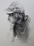 graphite drawing of pensive young blue collar worker, wearing cap and worn clothing, dreaming of future inventions