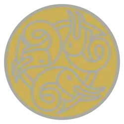 A circular design with yellow background showing three dolphin-like creatures, outlined in silver, each biting the tail of the one ahead of it