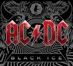 In the forefront, the logo for AC/DC in red letters, and under it a quadrilateral with "Black Ice" in white letters. In the background, a mosaic with tribal motifs, drawings of horns, wings, a man in a straitjacket, and a guitarist inside a cog.