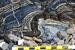Folded blue metacherts with glaucophane-rich layers, exposed in outcrops on Kayak Beach, Angel Island, northern San Francisco Bay.