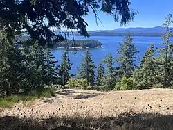 A view looking over Georgeson Bay in Galiano Island, seen from the Bluffs Park Lookout Trail.