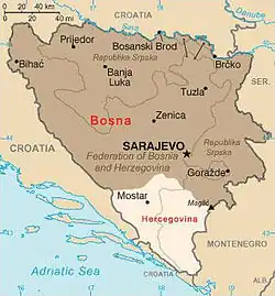 Approximate borders between two modern-day regions of Bosnia and Herzegovina - Bosnia (marked dark brown) and Herzegovina (marked light brown)