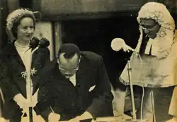 Image 73Seretse Khama signing the oath of office to become Botswana's first President in 1966 (from History of Botswana)