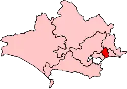 Map showing the location of the Bournemouth West constituency in Dorset under the boundaries created by the 2023 boundary review and first used at the 2024 general election.