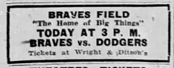 Newspaper ad for baseball tickets for the game