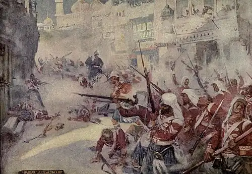 "British soldiers were seen fighting their way through the streets", in India's Story, 1912