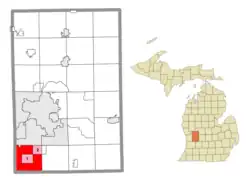 Location within Kent County and the administered CDPs of Byron Center (1) and portion of Cutlerville (2) (pink)