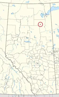 A map of the province of Alberta showing 80 counties and 145 small Indian reserves. One is highlighted with a red circle.