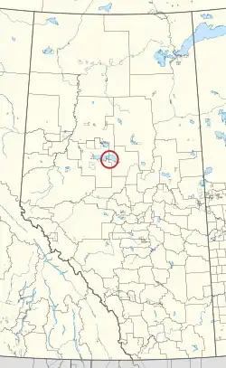 A map of the province of Alberta showing 80 counties and 145 small Indian reserves. One is highlighted with a red circle.