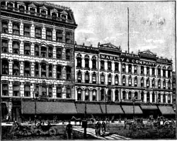 C. R. Mabley & Co Building, 1876, east side of Woodward. The structures on the right still exist and are part of the Financial District.