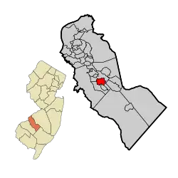 Location of Clementon in Camden County highlighted in red (right). Inset map: Location of Camden County in New Jersey highlighted in orange (left).