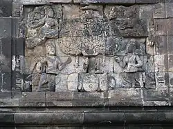 Reliefs of Kalpataru, the divine tree of life guarded by the mythical creatures Kinnara and Kinnari, also divine beings; Apsara and Devata