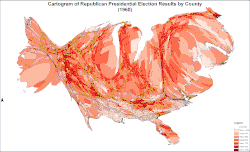 Cartogram of Republican presidential election results by county
