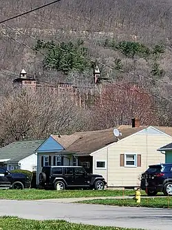 The Castle can barely be seen through the trees