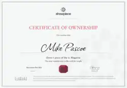 Digital copy of the certificate of ownership of the 1c Magenta postage stamp. This certifies that the hold fractional ownership of the item.