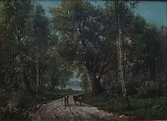 Vej gennem skov med personer, oil on canvas, 1881