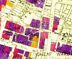 London Blitz bomb damage map, c. 1945. Purple = damaged beyond repair. Scarlet = seriously damaged, doubtful if repairable. Other colours = lower levels of damage.[14]