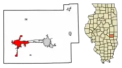 Location of Mattoon in Coles County, Illinois.