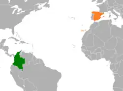 Map indicating locations of Colombia and Spain