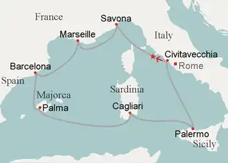 Route of Mediterranean cruise from Civitavecchia and back. Arrow: journey on first leg; star: impact with reef.