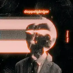 A silhouette of two faces overlapping one body as doppelgänger, with the blurry neon film-like texts.